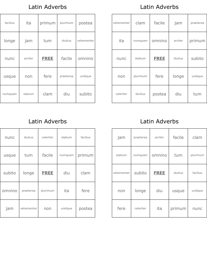 Latin Adverbs Bingo Cards