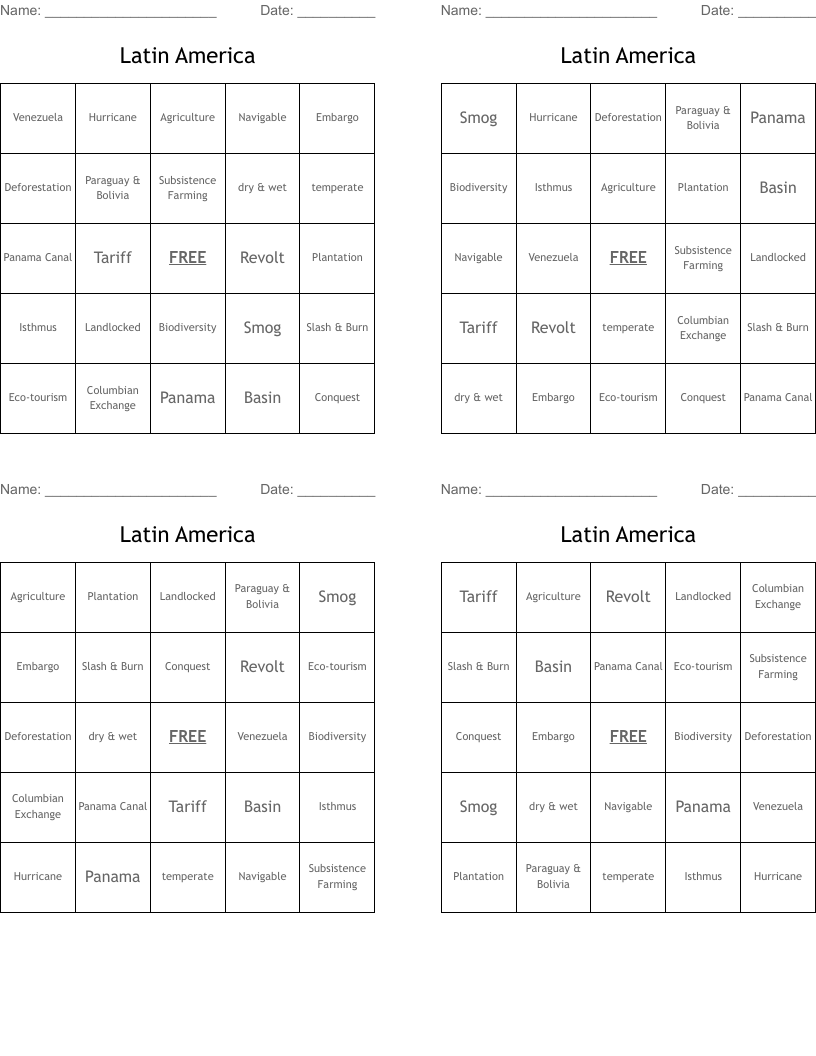 Latin America Bingo Cards