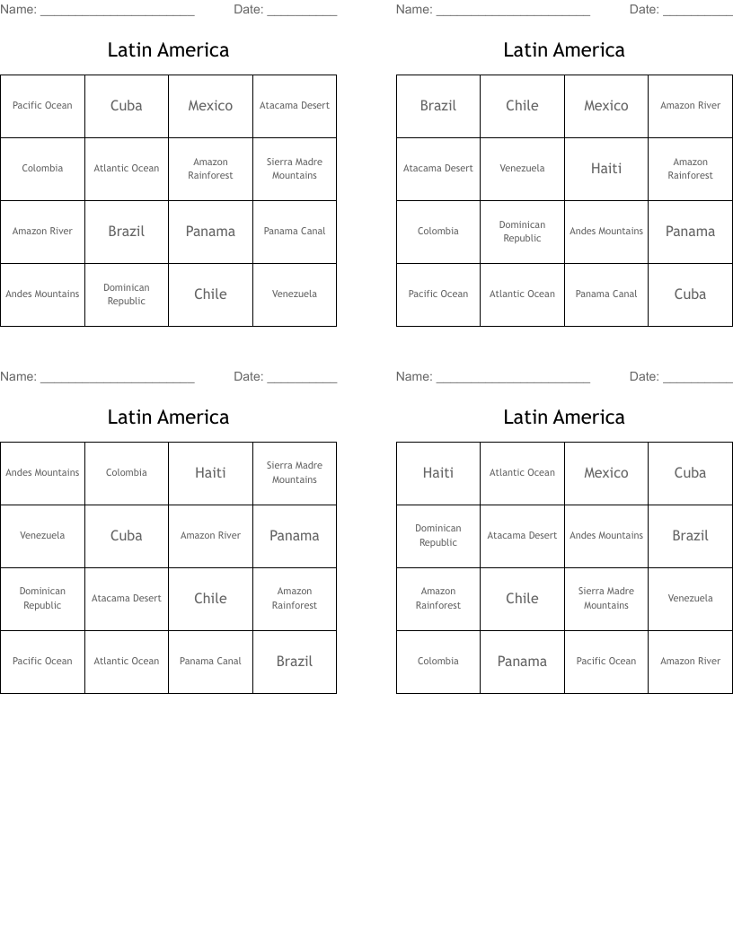 Latin America Bingo Cards