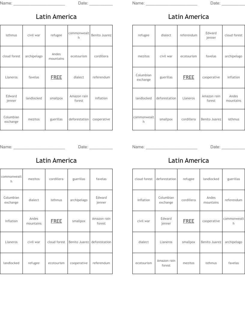 Latin America Bingo Cards