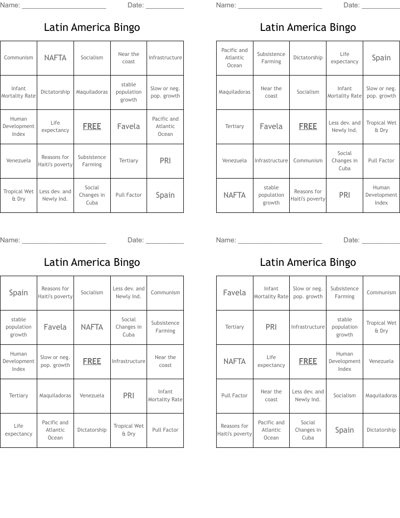 Latin America Bingo