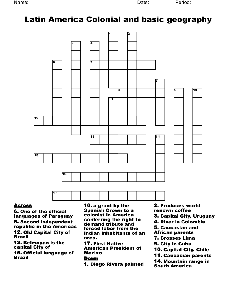 Latin America Colonial and basic geography Crossword