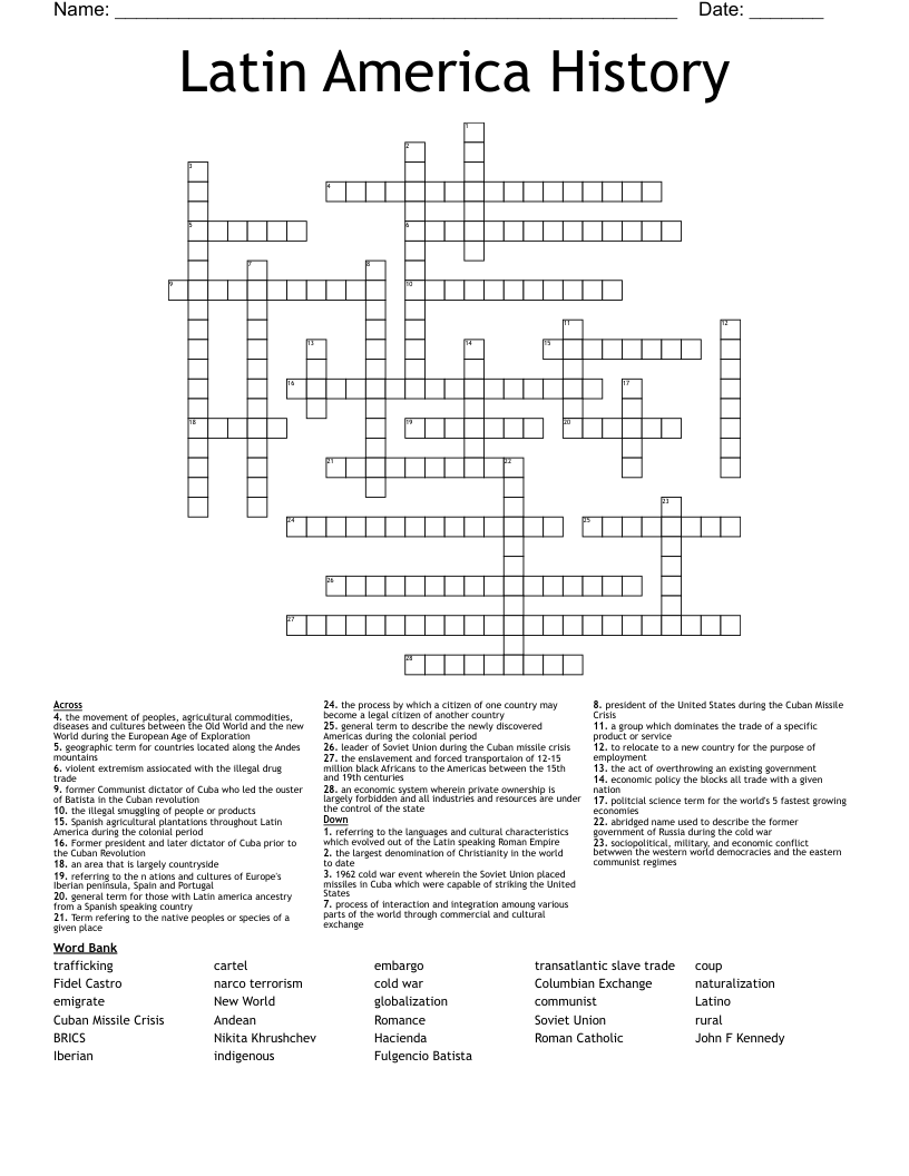 Latin America History Crossword