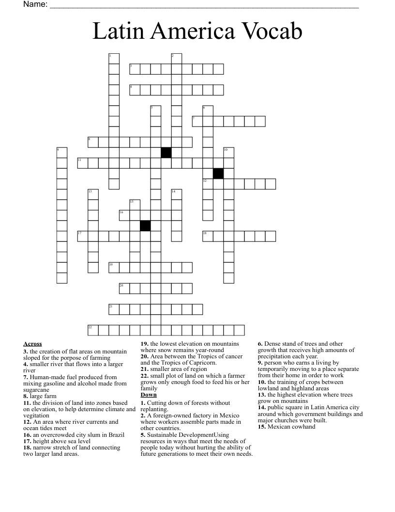 Latin America Vocab Crossword