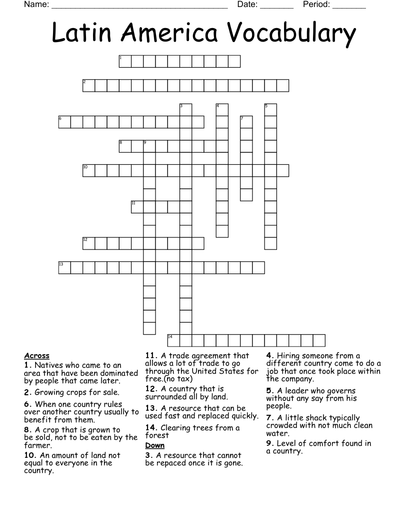 Latin America Vocabulary Crossword