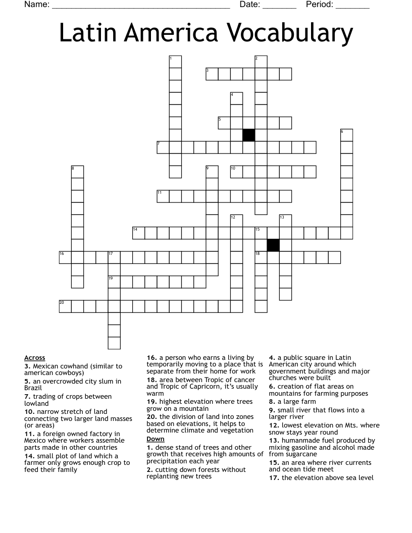 Latin America Vocabulary Crossword