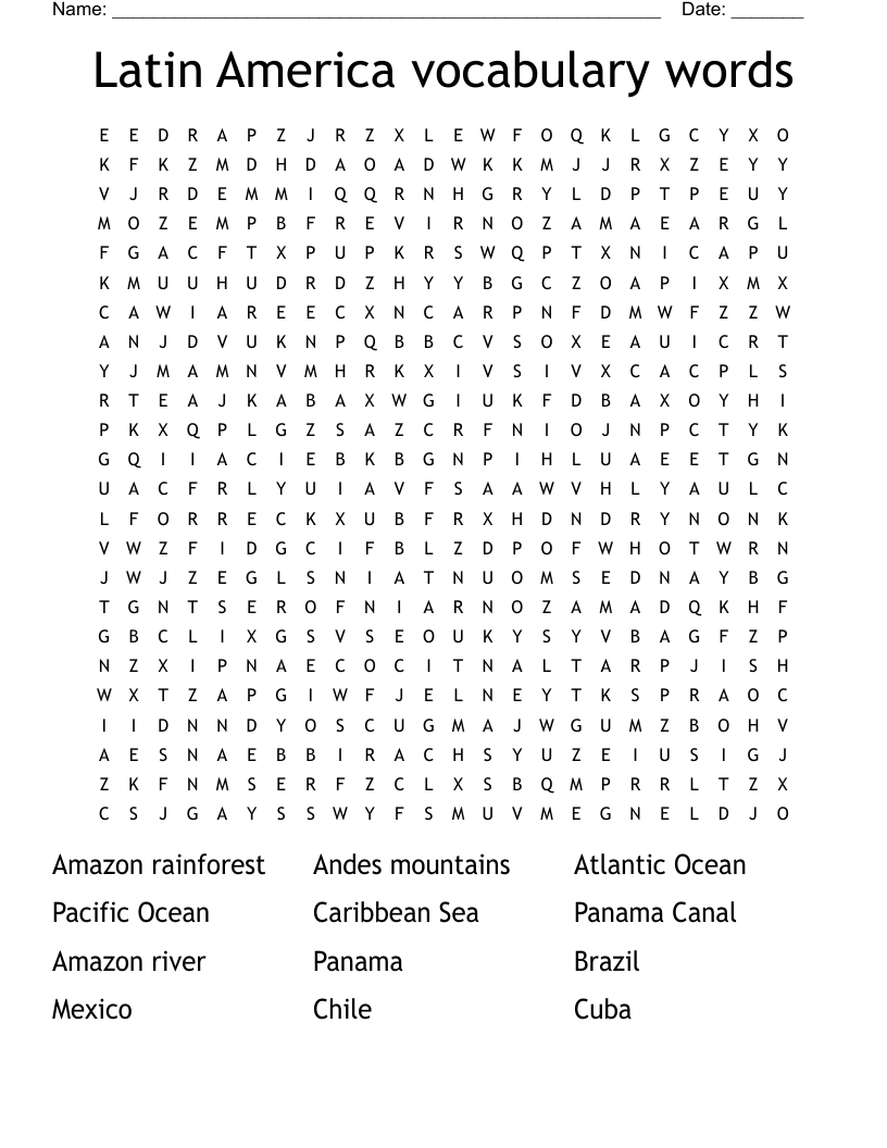 Latin America vocabulary words Word Search