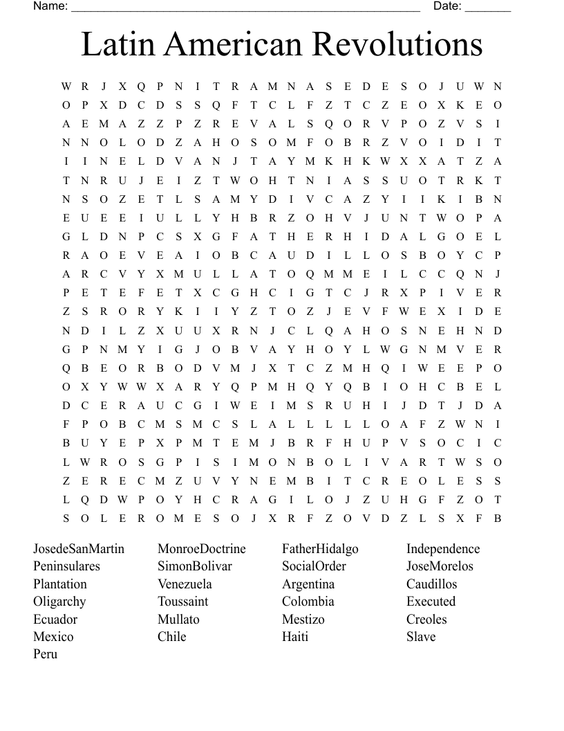 Latin American Revolutions Word Search