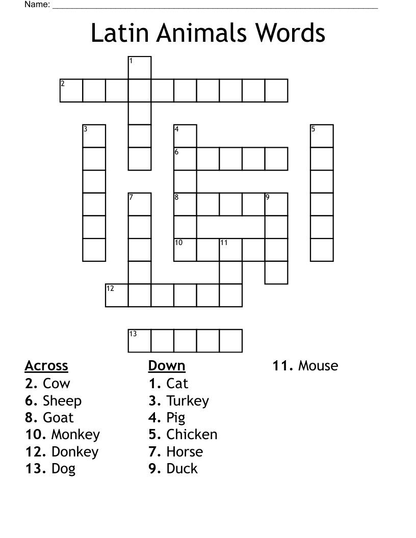 Latin Animals Words Crossword