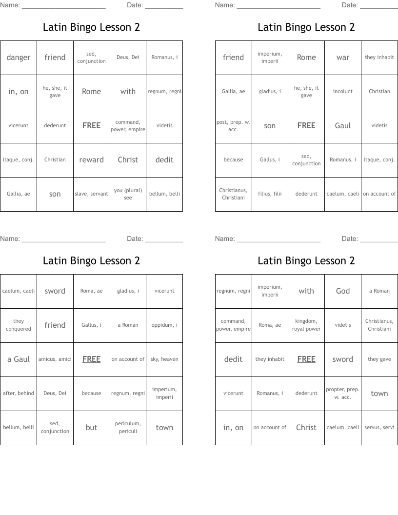 Latin Bingo Lesson 2