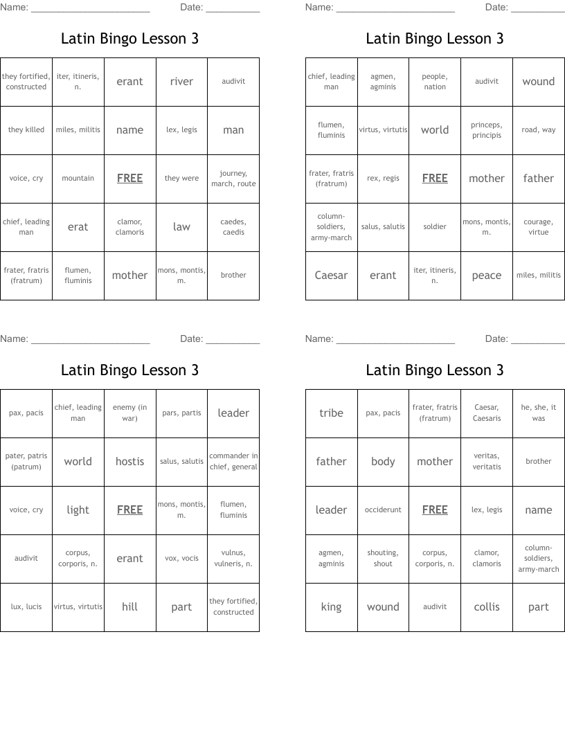 Latin Bingo Lesson 3