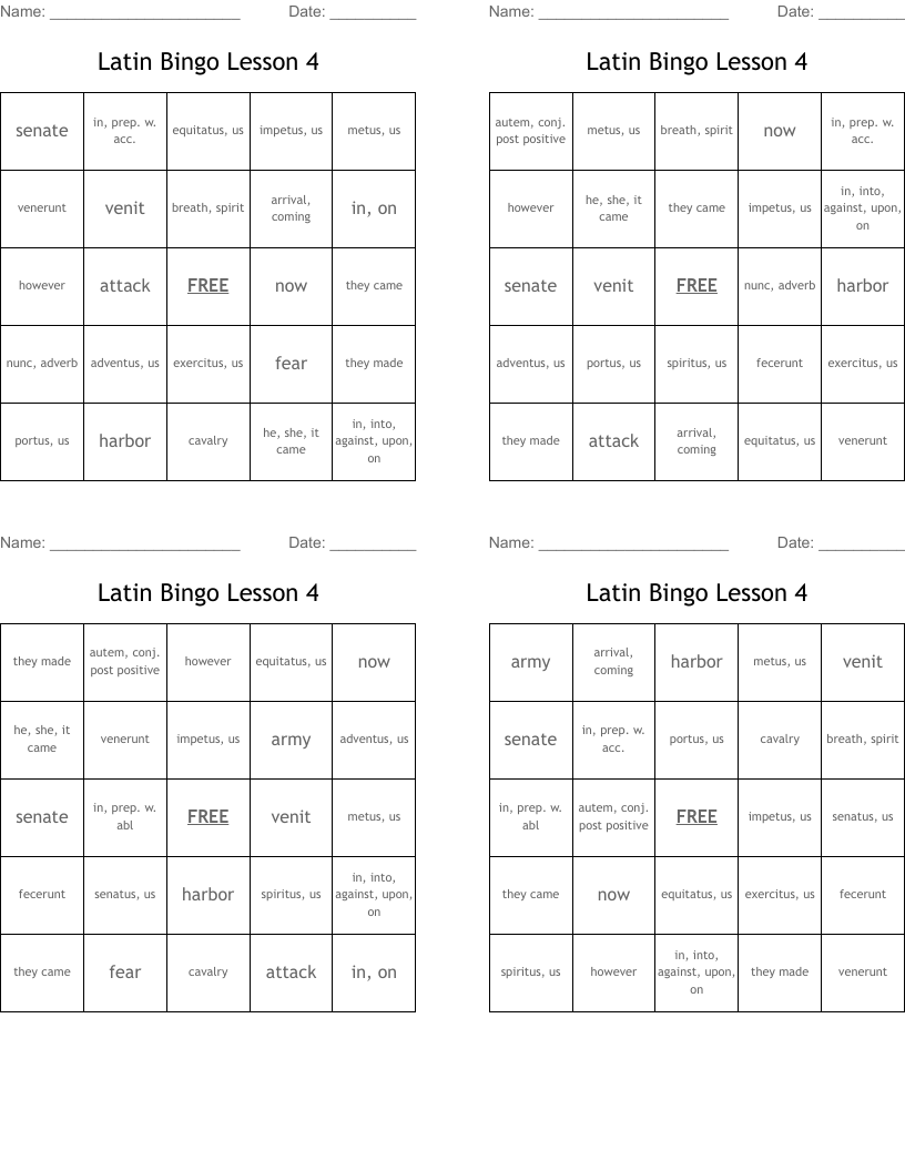 Latin Bingo Lesson 4