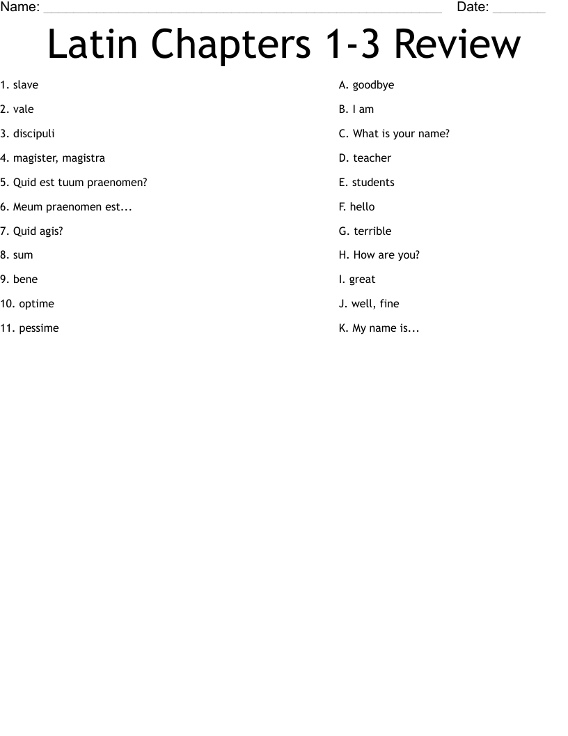 Latin Chapters 1-3 Review Worksheet