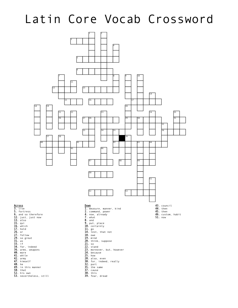 Latin Core Vocab Crossword