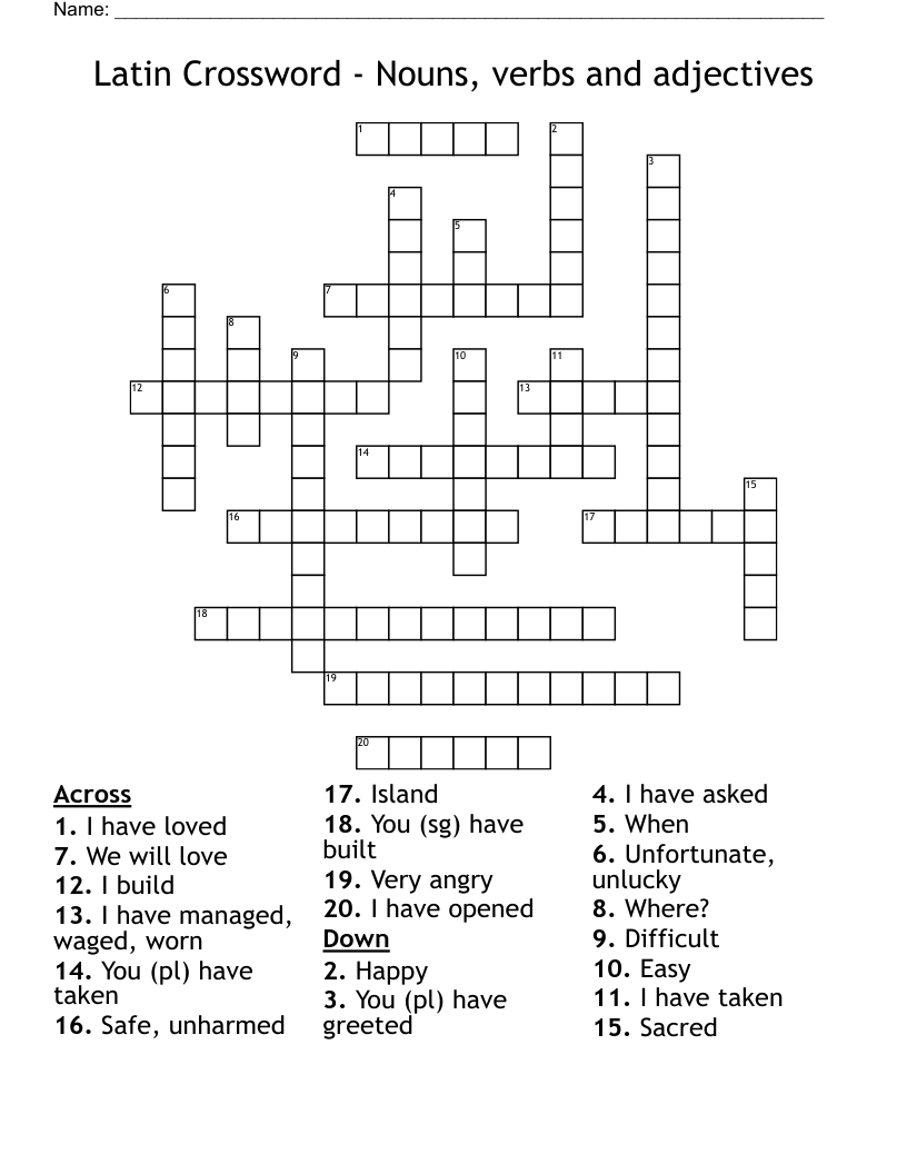 Latin Crossword - Nouns, verbs and adjectives