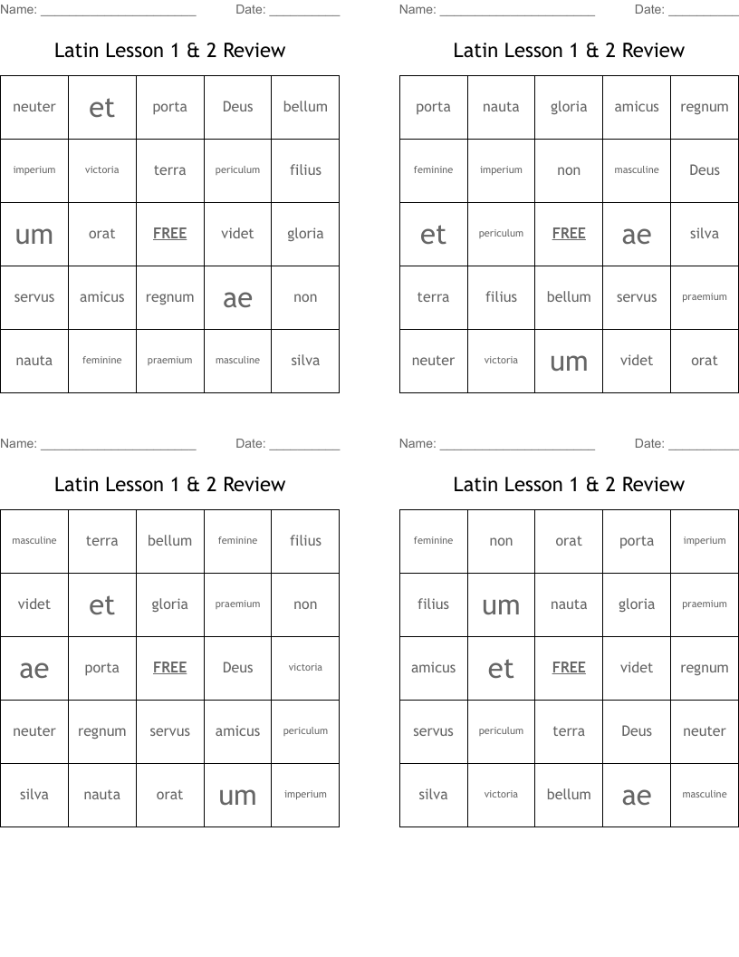 Latin Lesson 1 & 2 Review Bingo Cards