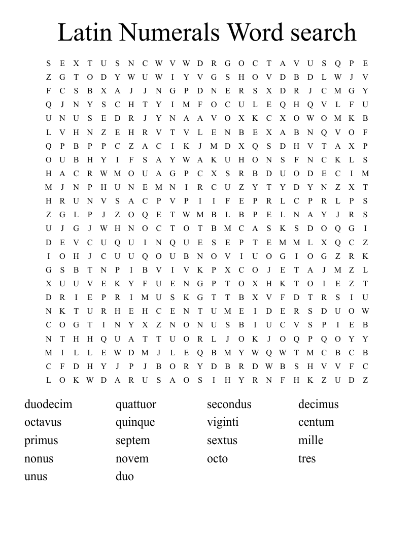 Latin Numerals Word search 