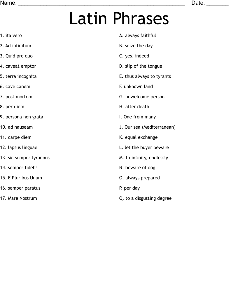 Latin Phrases Worksheet