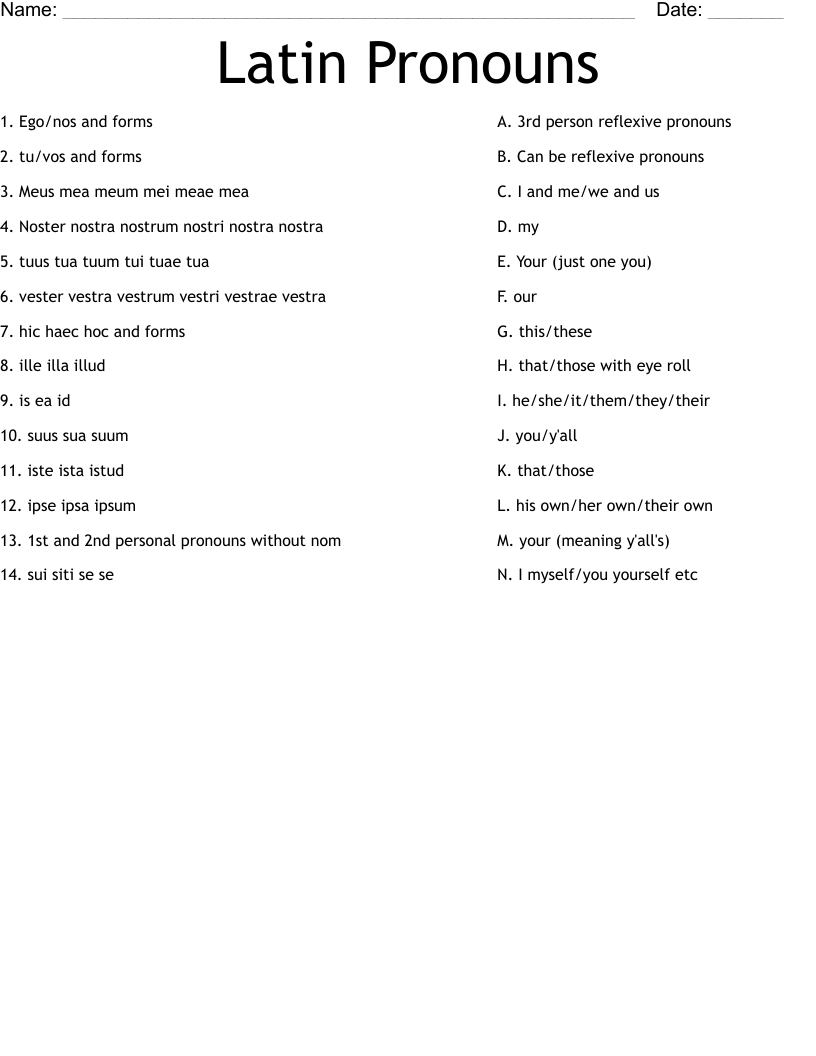 Latin Pronouns Worksheet