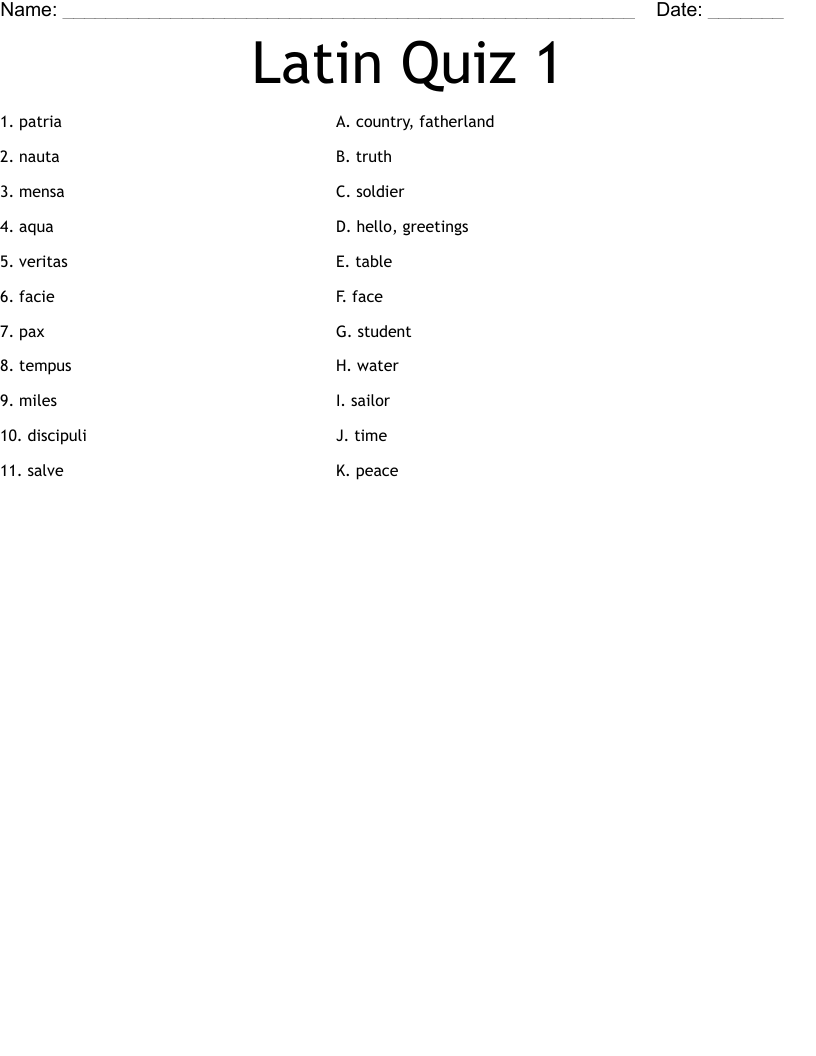 Latin Quiz 1 Worksheet