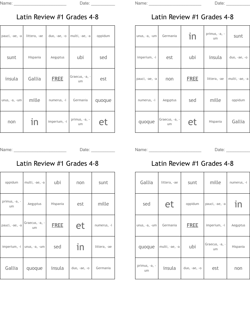 Latin Review #1 Grades 4-8 Bingo Cards