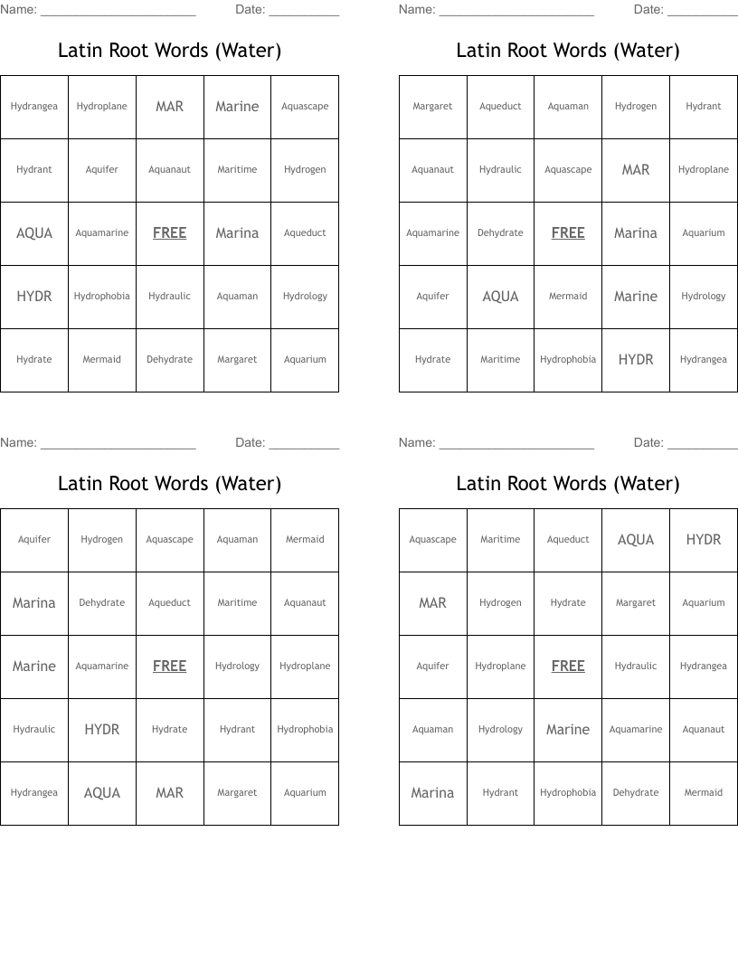 Latin Root Words (Water) Bingo Cards