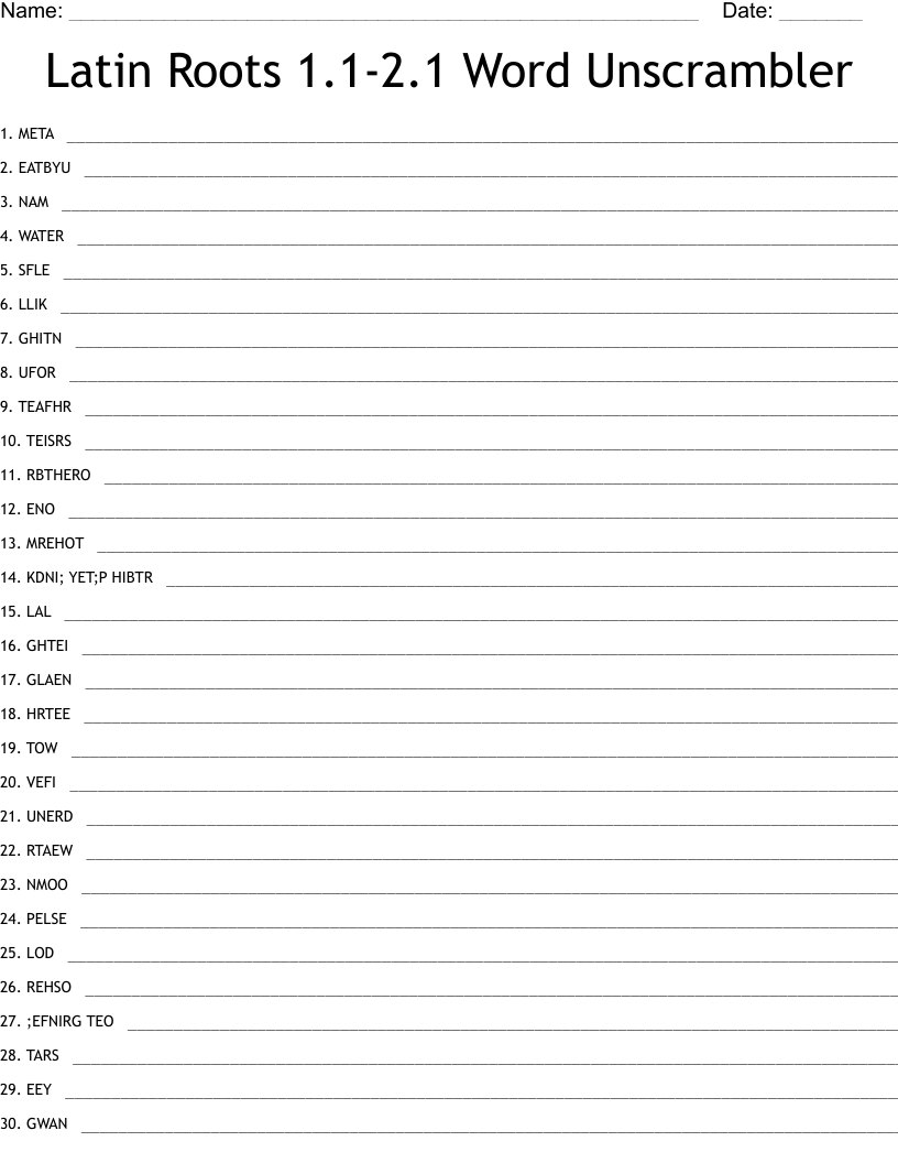 Latin Roots 1.1-2.1 Word Unscrambler