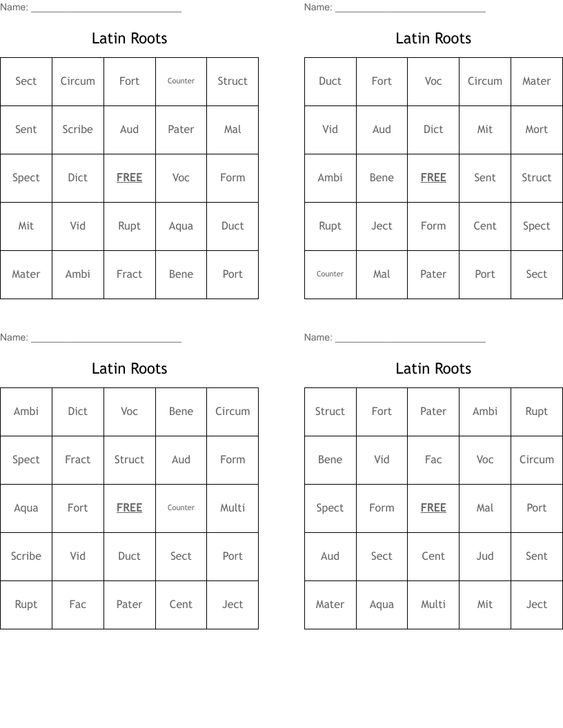 Latin Roots Bingo Cards