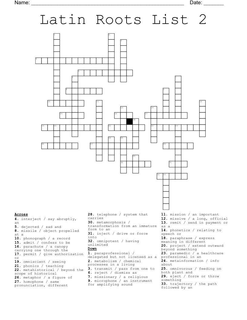 Latin Roots List 2 Crossword