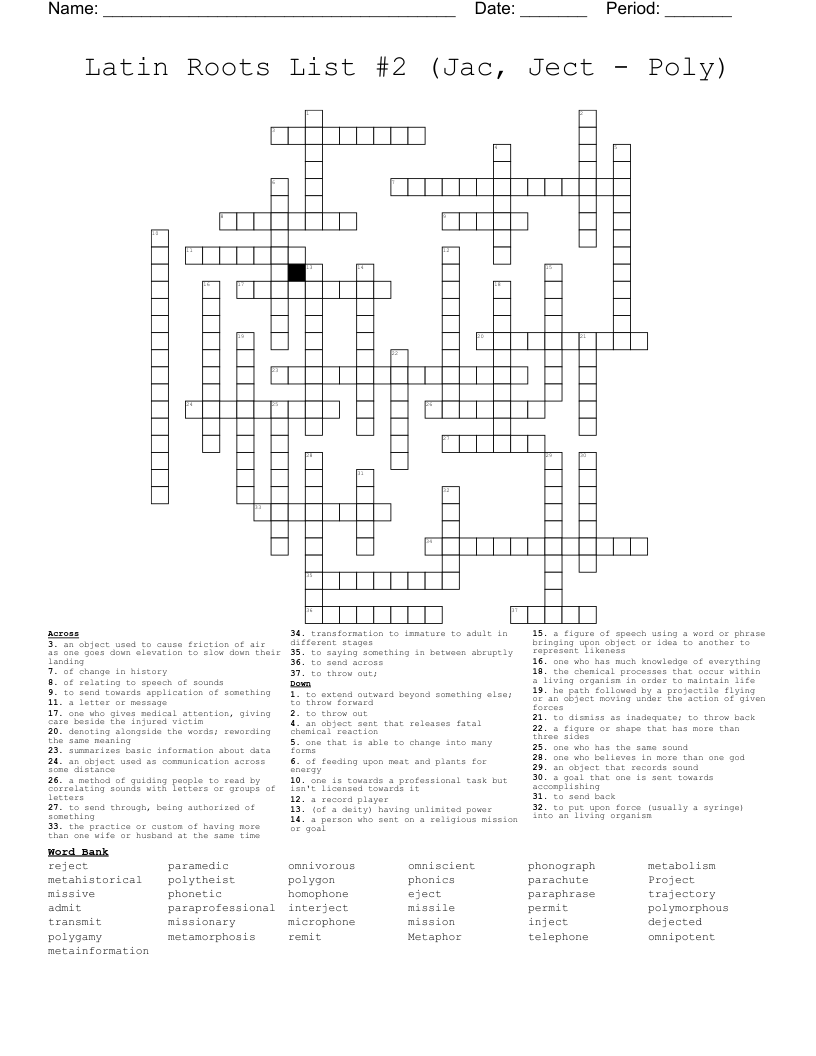Latin Roots List #2 (Jac, Ject - Poly) Crossword