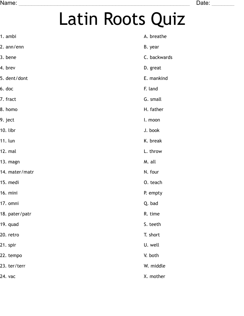 Latin Roots Quiz Worksheet
