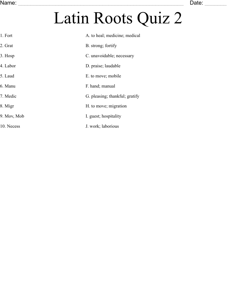 Latin Roots Quiz 2 Worksheet