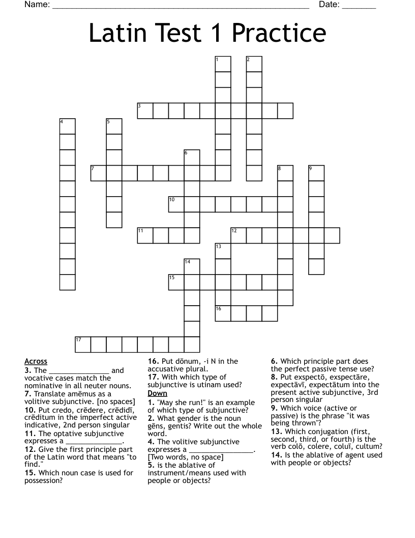 Latin Test 1 Practice Crossword