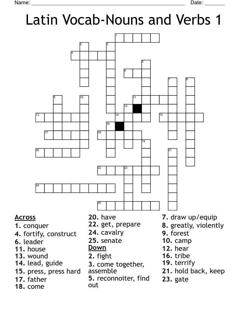 Latin Vocab-Nouns and Verbs 1 Crossword