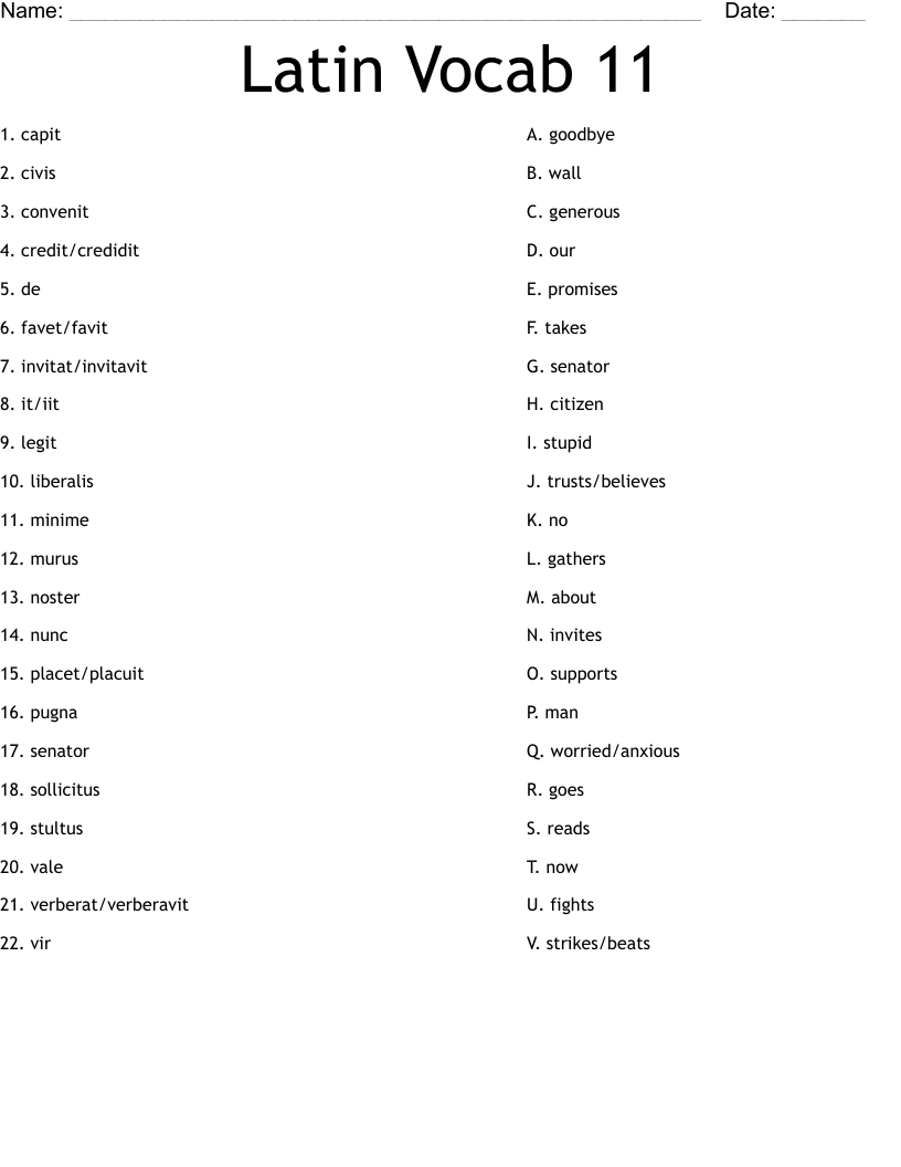 Latin Vocab 11 Worksheet