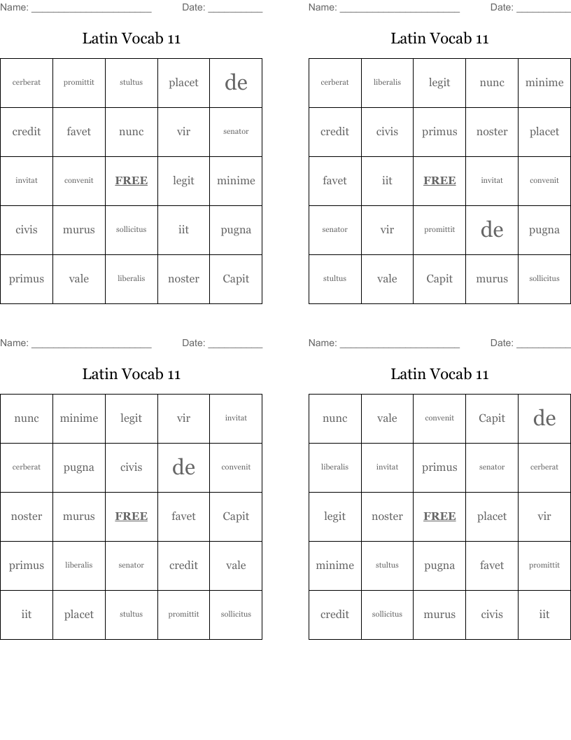 Latin Vocab 11 Bingo Cards