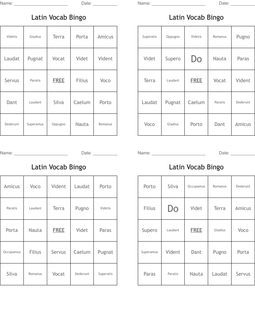 Latin Vocab Bingo