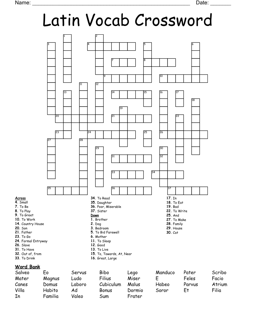 Latin Vocab Crossword
