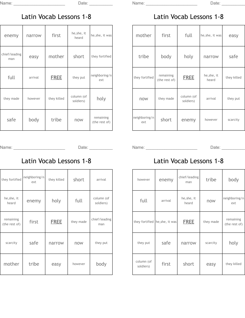 Latin Vocab Lessons 1-8 Bingo Cards