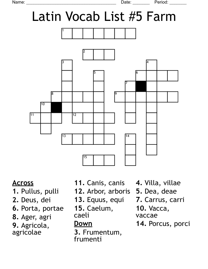 Latin Vocab List #5 Farm Crossword
