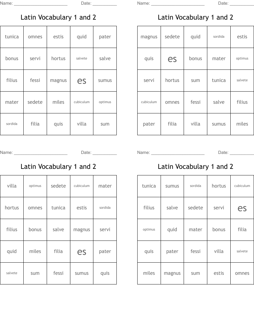 Latin Vocabulary 1 and 2 Bingo Cards