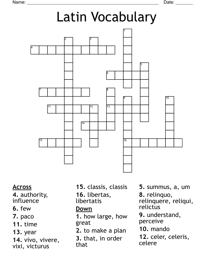 Latin Vocabulary Crossword