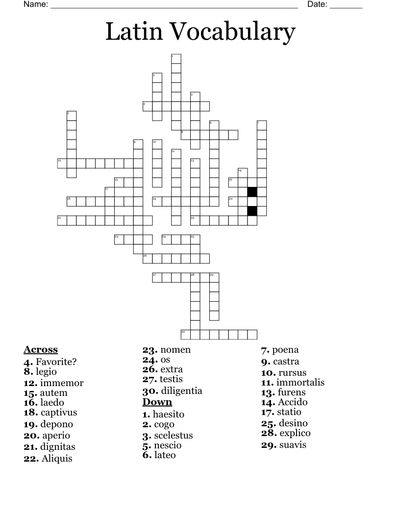 Latin Vocabulary Crossword