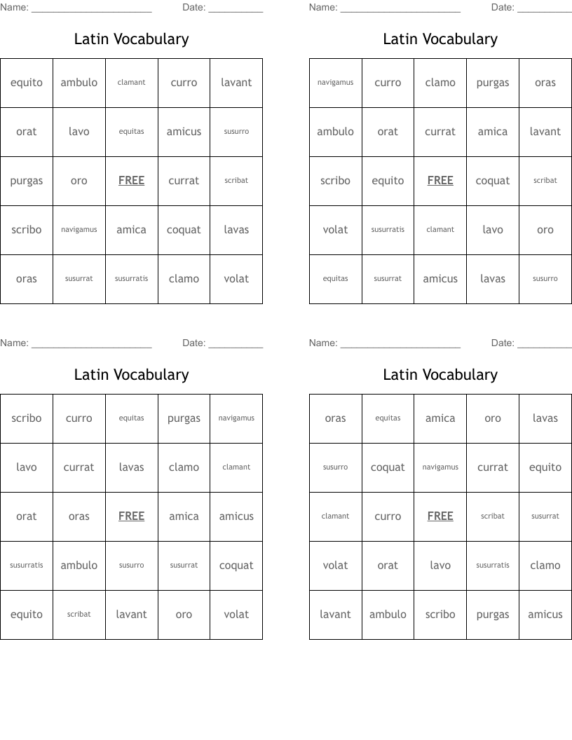 Latin Vocabulary Bingo Cards