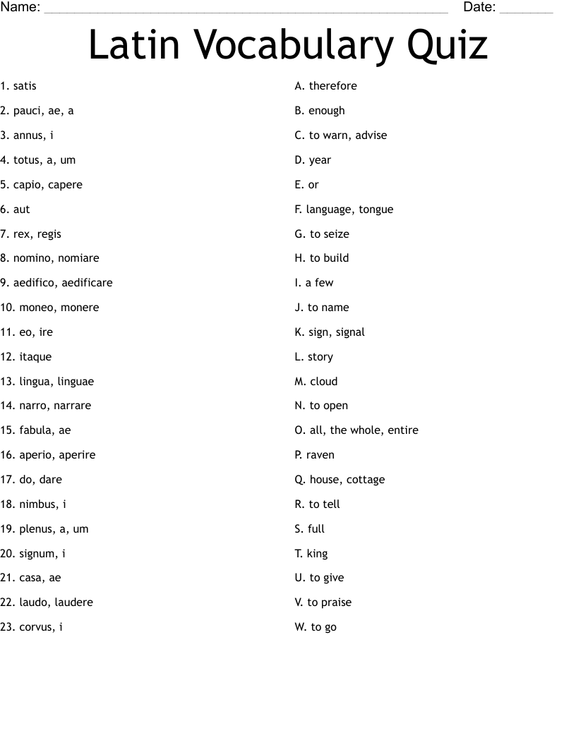 Latin Vocabulary Quiz Worksheet