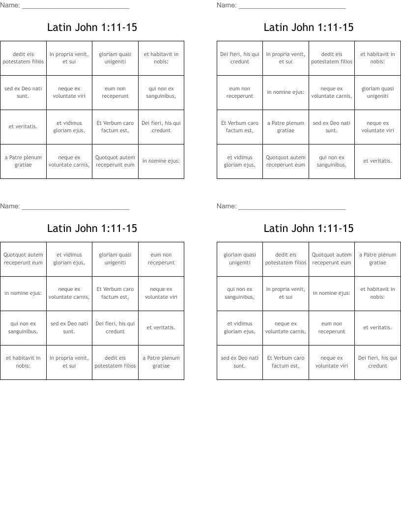 Latin  John 1:11-15 Bingo Cards