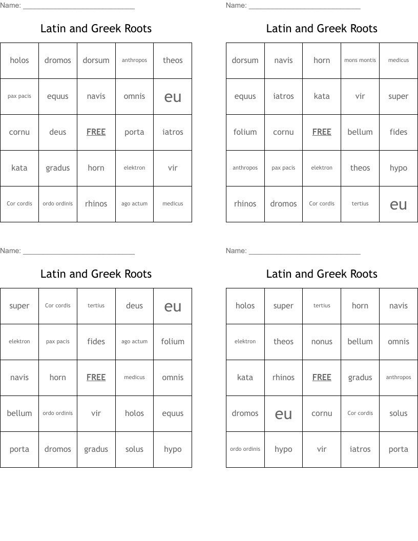 Latin and Greek Roots Bingo Cards