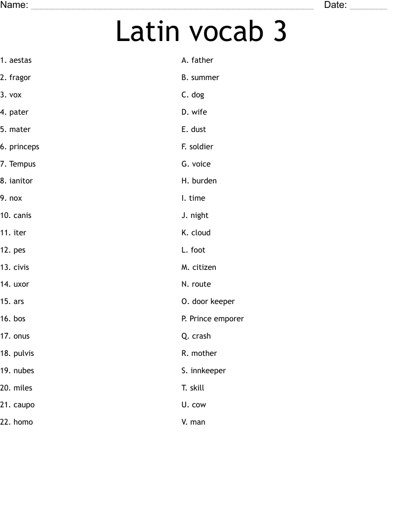 Latin vocab 3 Worksheet