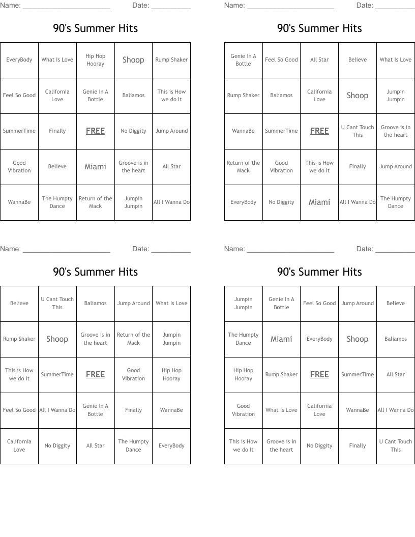 90's Summer Hits Bingo Cards