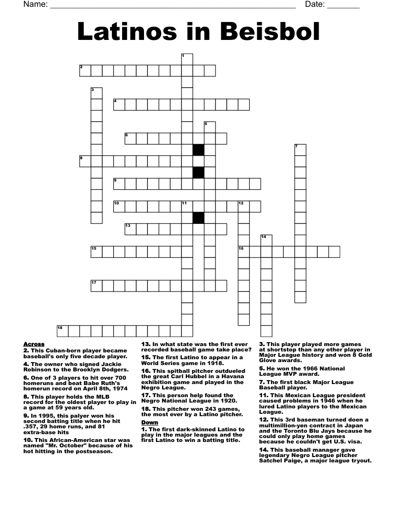 Latinos in Beisbol Crossword